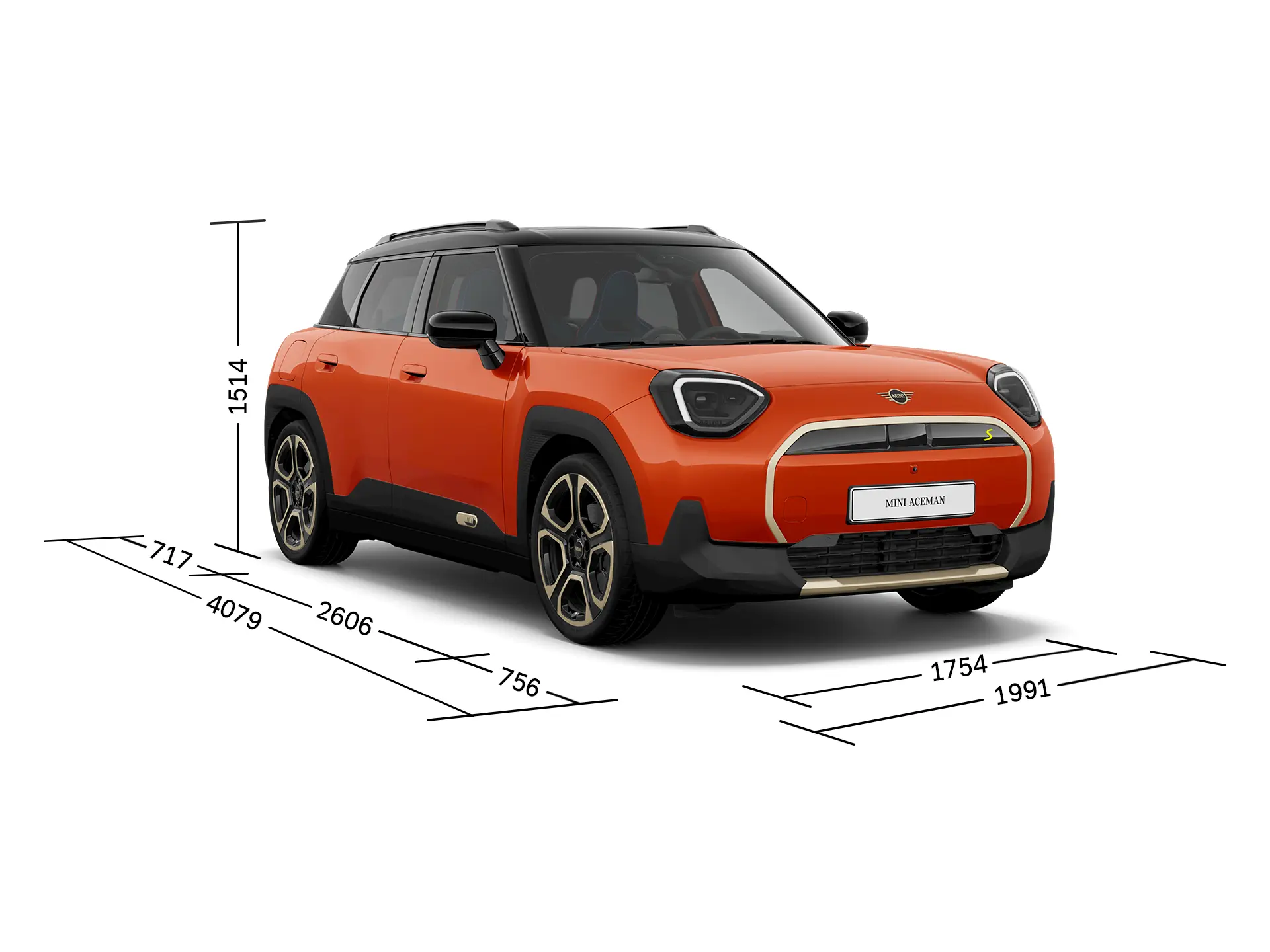 Čisto elektrické MINI Aceman - Predný pohľad s rozmermi