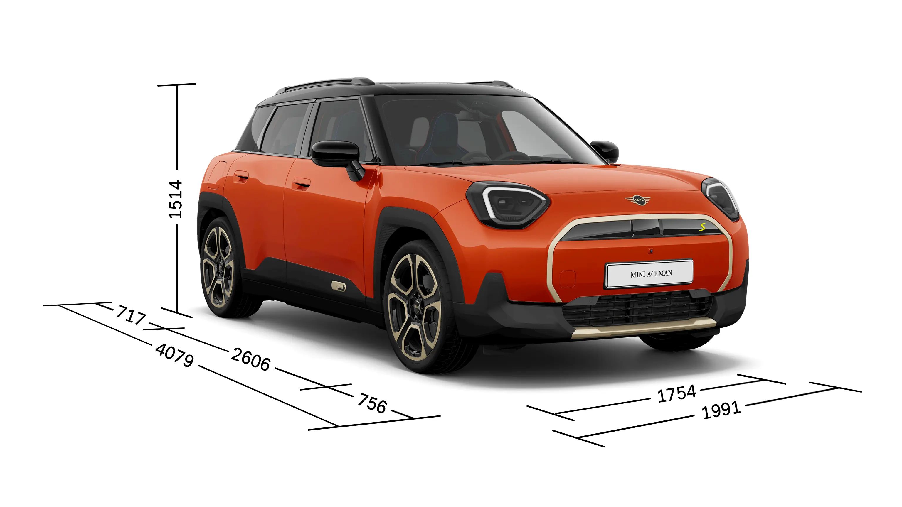 Čisto elektrické MINI Aceman - Predný pohľad s rozmermi