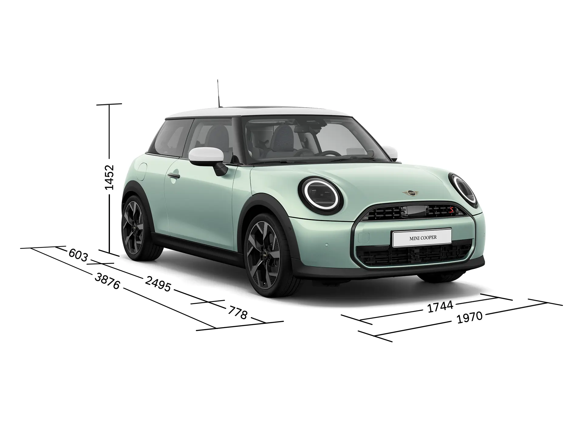 MINI Cooper 3-dverové - Predný pohľad s rozmermi