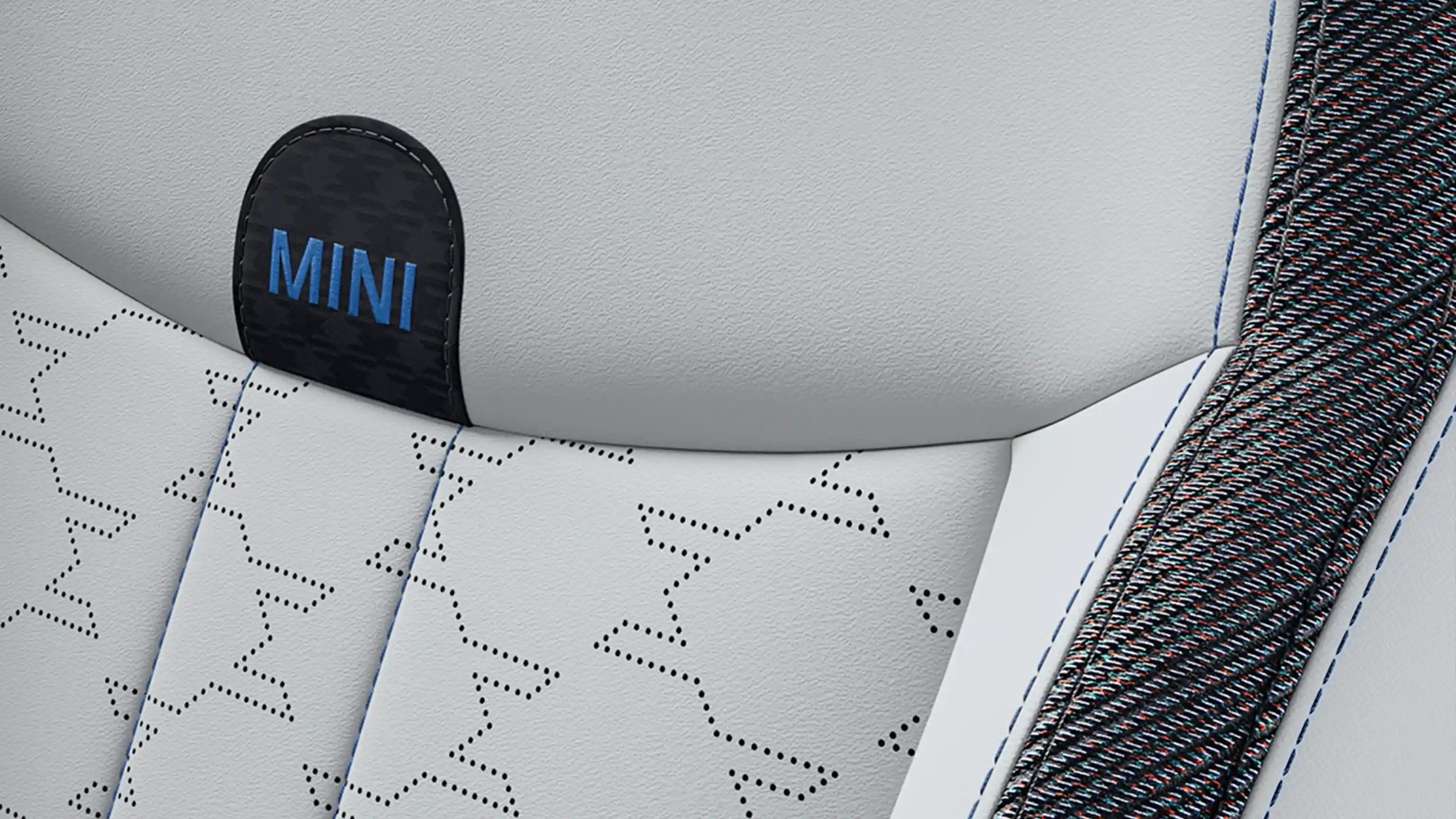 Pohľad na sedadlá MINI Cooper 5-dverového v štýle Classic s čalúnením látka/Vescin Grey/Blue