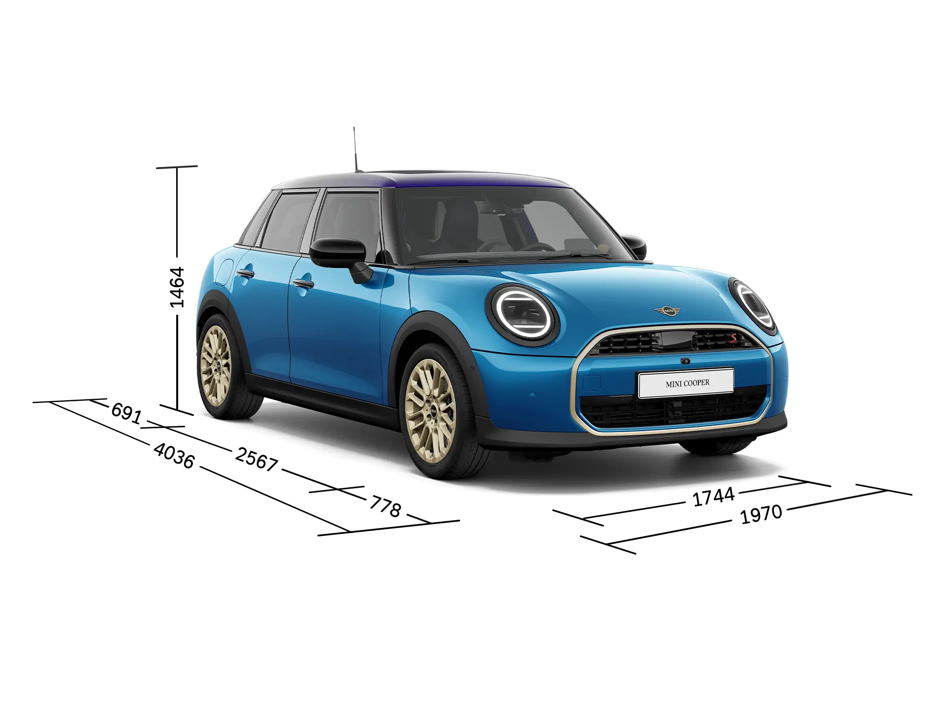 MINI Cooper 5-dverové - Predný pohľad s rozmermi