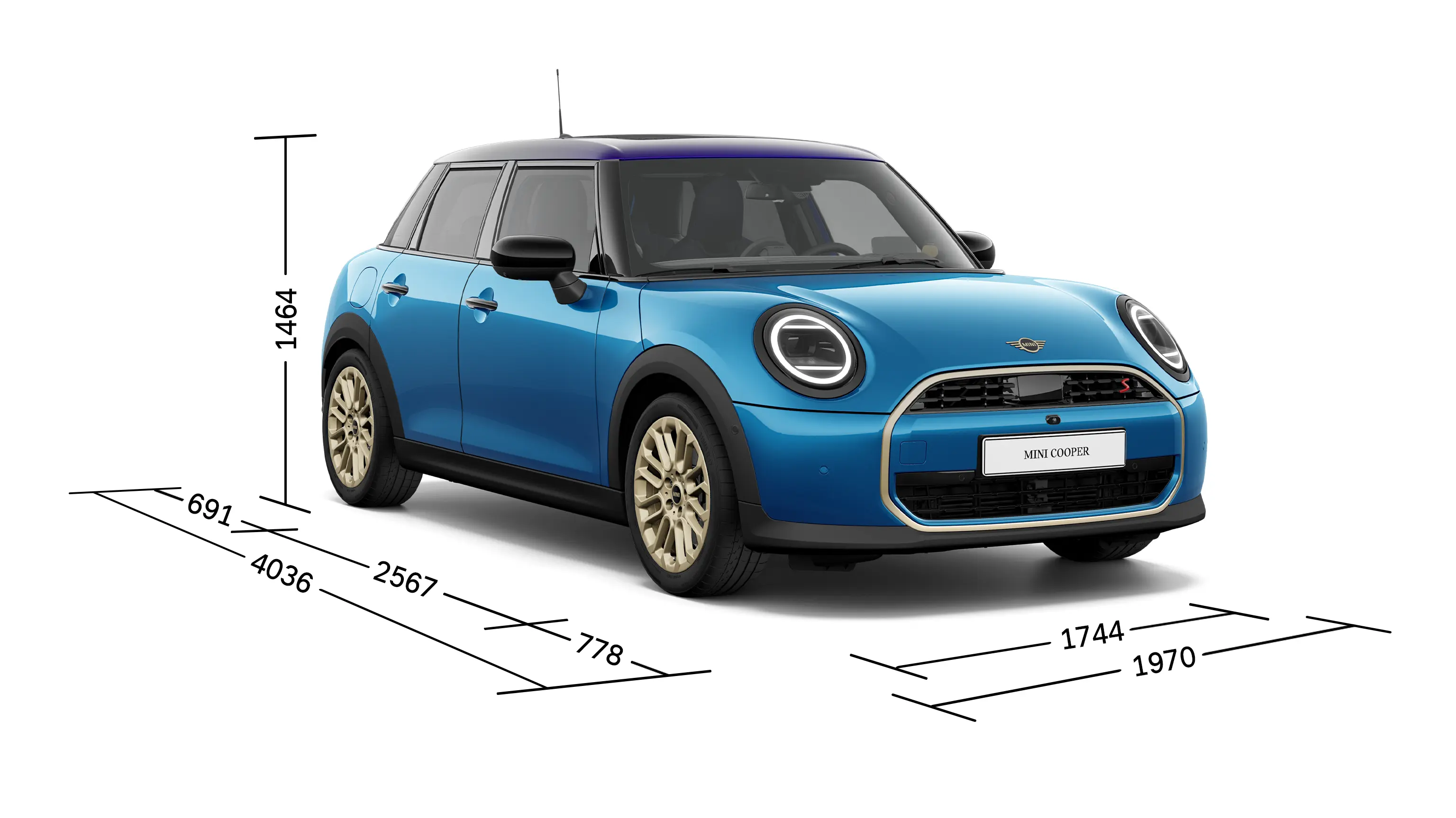 MINI Cooper 5-dverové - Predný pohľad s rozmermi