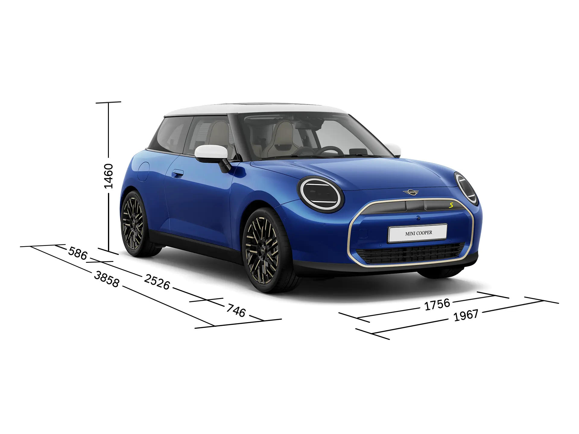 Čisto elektrické MINI Cooper - Predný pohľad s rozmermi