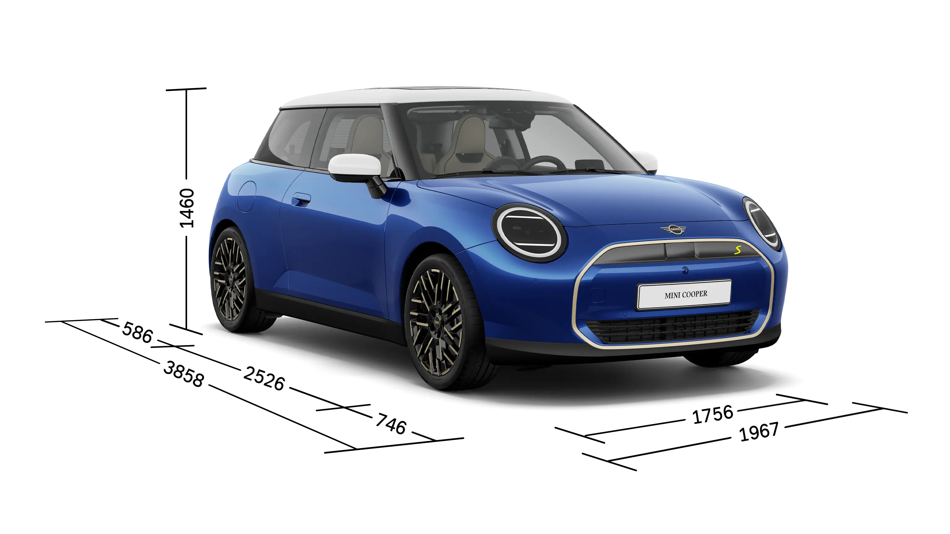 Čisto elektrické MINI Cooper - Predný pohľad s rozmermi