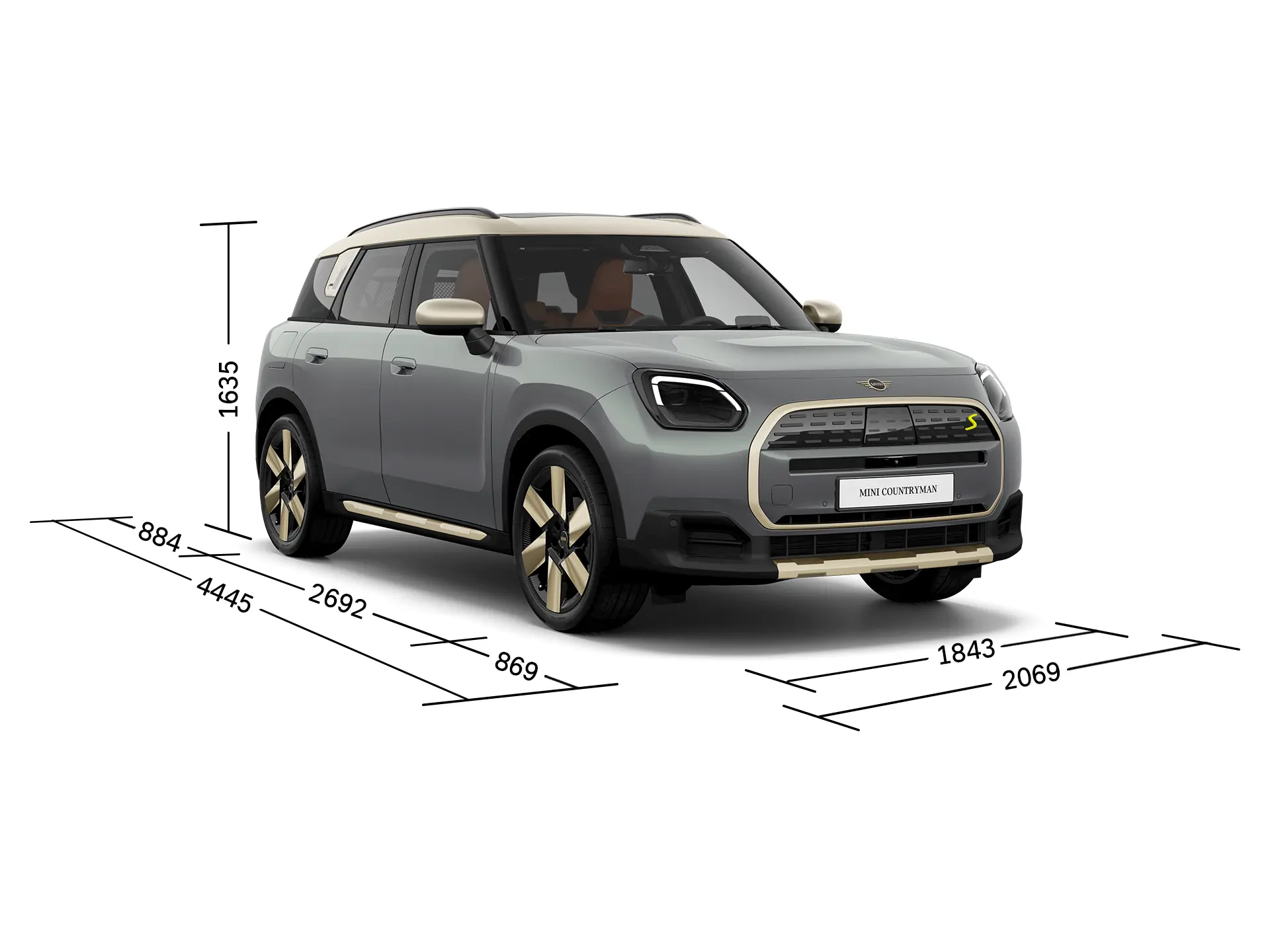 Čisto elektrické MINI Countryman - Predný pohľad s rozmermi