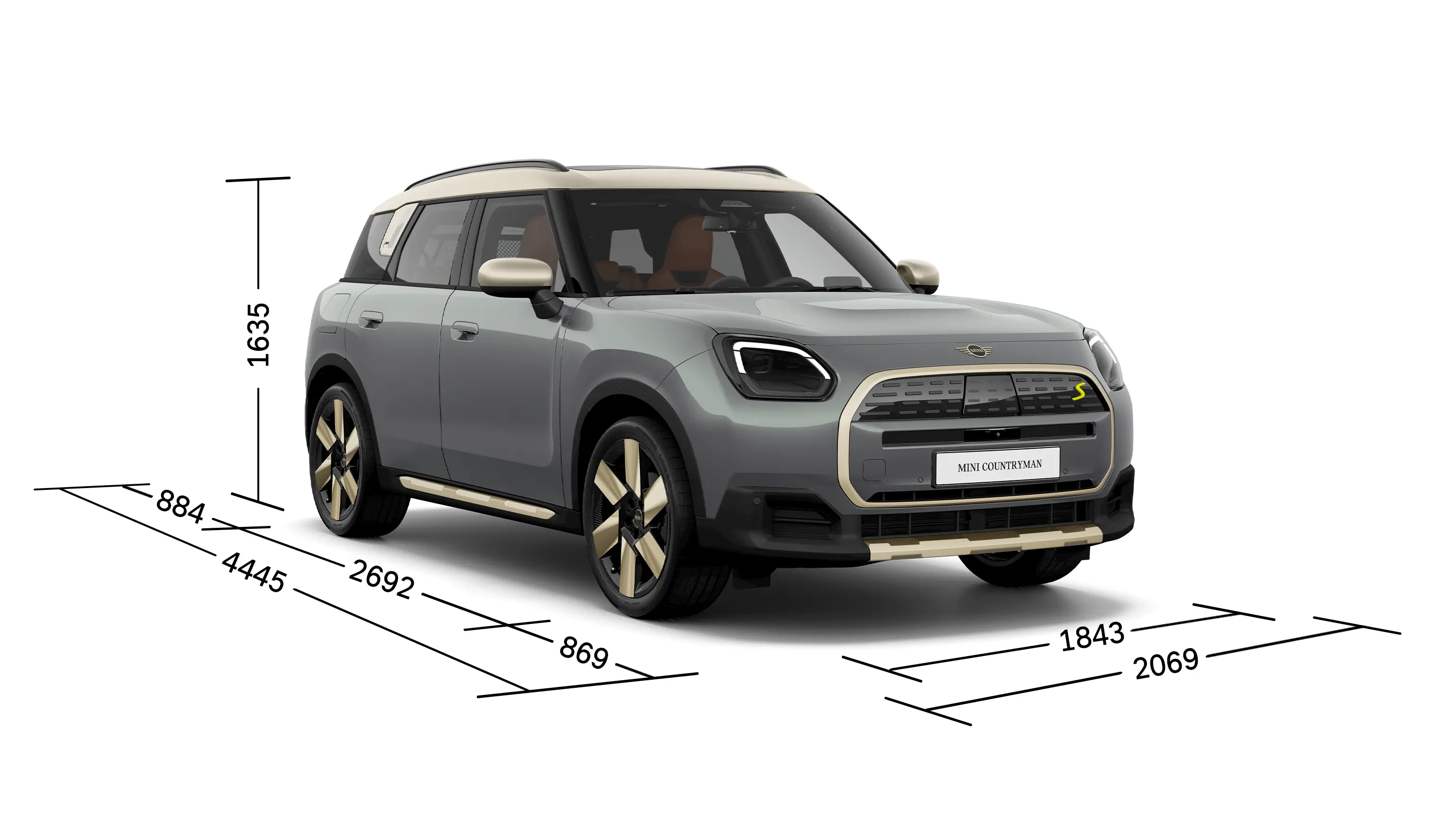 Čisto elektrické MINI Countryman - Predný pohľad s rozmermi