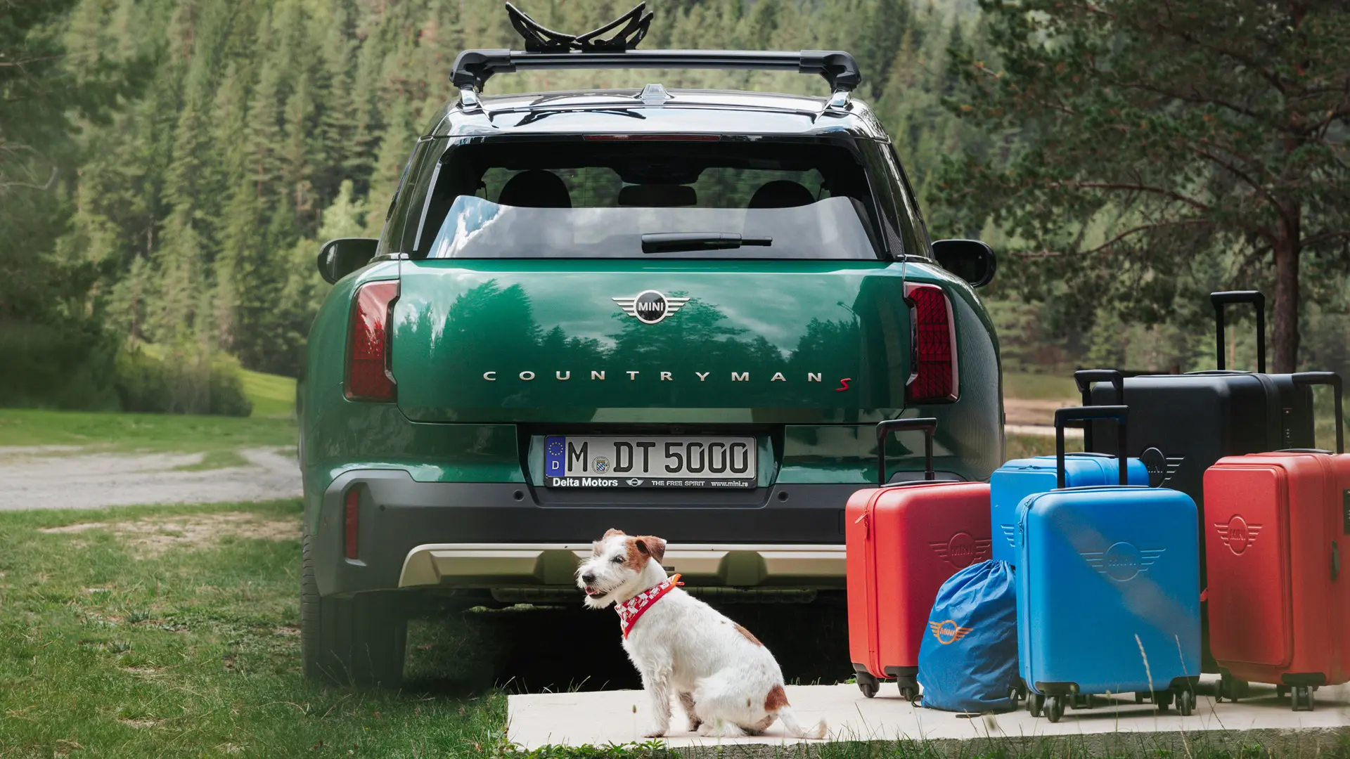 MINI Countryman v zelenej farbe s rozličnými batožinovými produktmi z MINI Lifestyle obchodu stojacimi za vozidlom, spolu so psom plemena Jack Russell teriér. 
