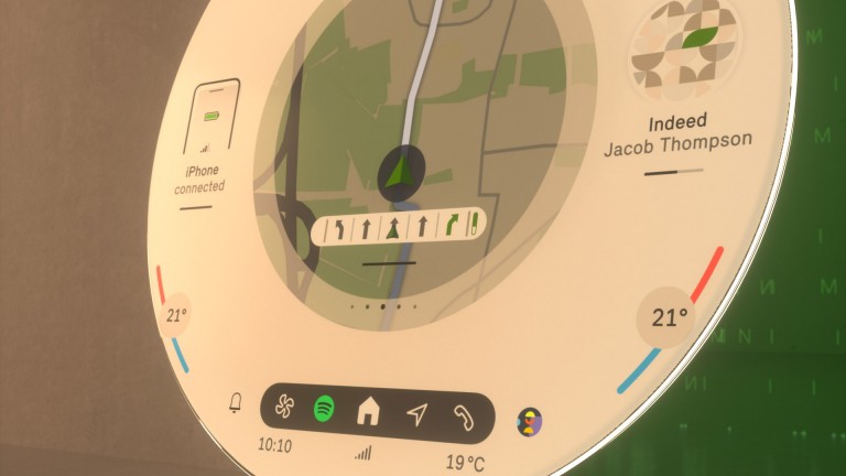 Detailný pohľad na navigačnú obrazovku a ovládacie prvky okrúhleho displeja MINI